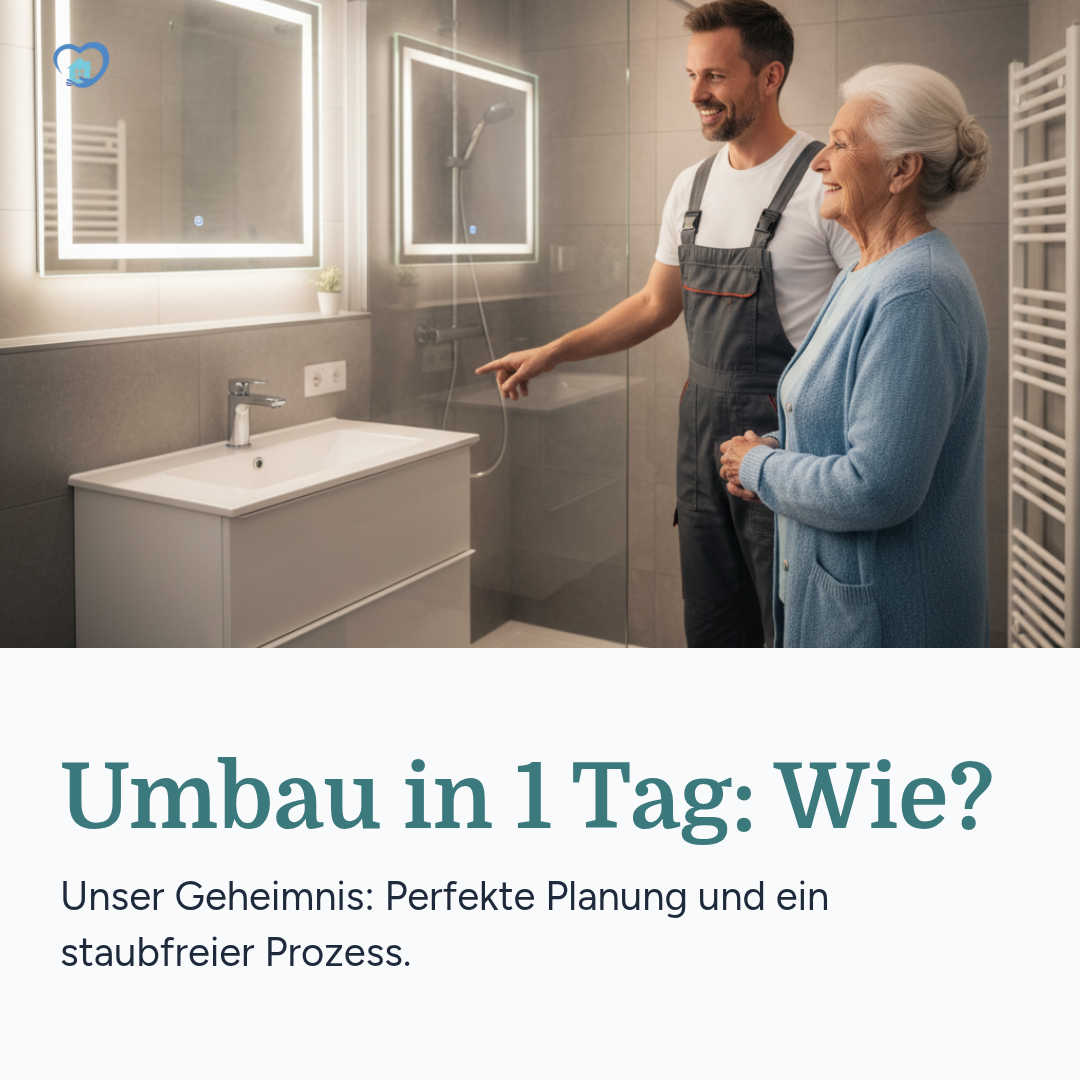 Zufriedene Seniorin und Mitarbeiter nach einem verlässlichen Badumbau in Dortmund.